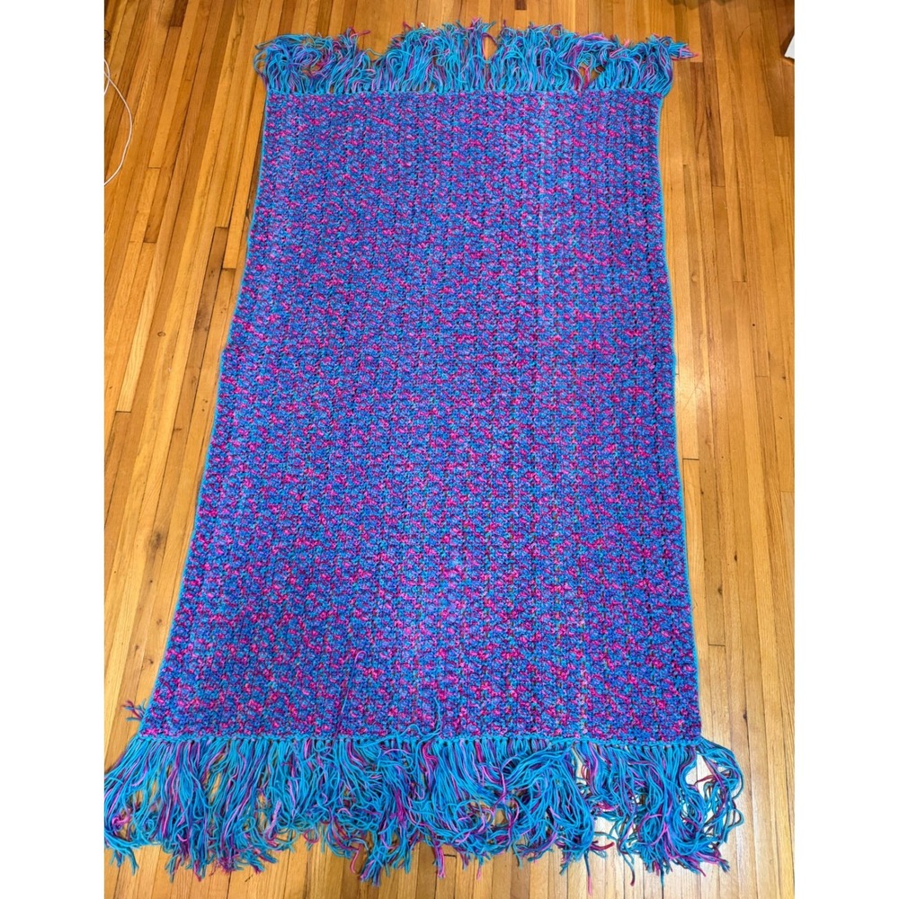 Unbranded Blanket Unisex OS Crochet Popcorn Stitch Blue Pink Fringed EUC